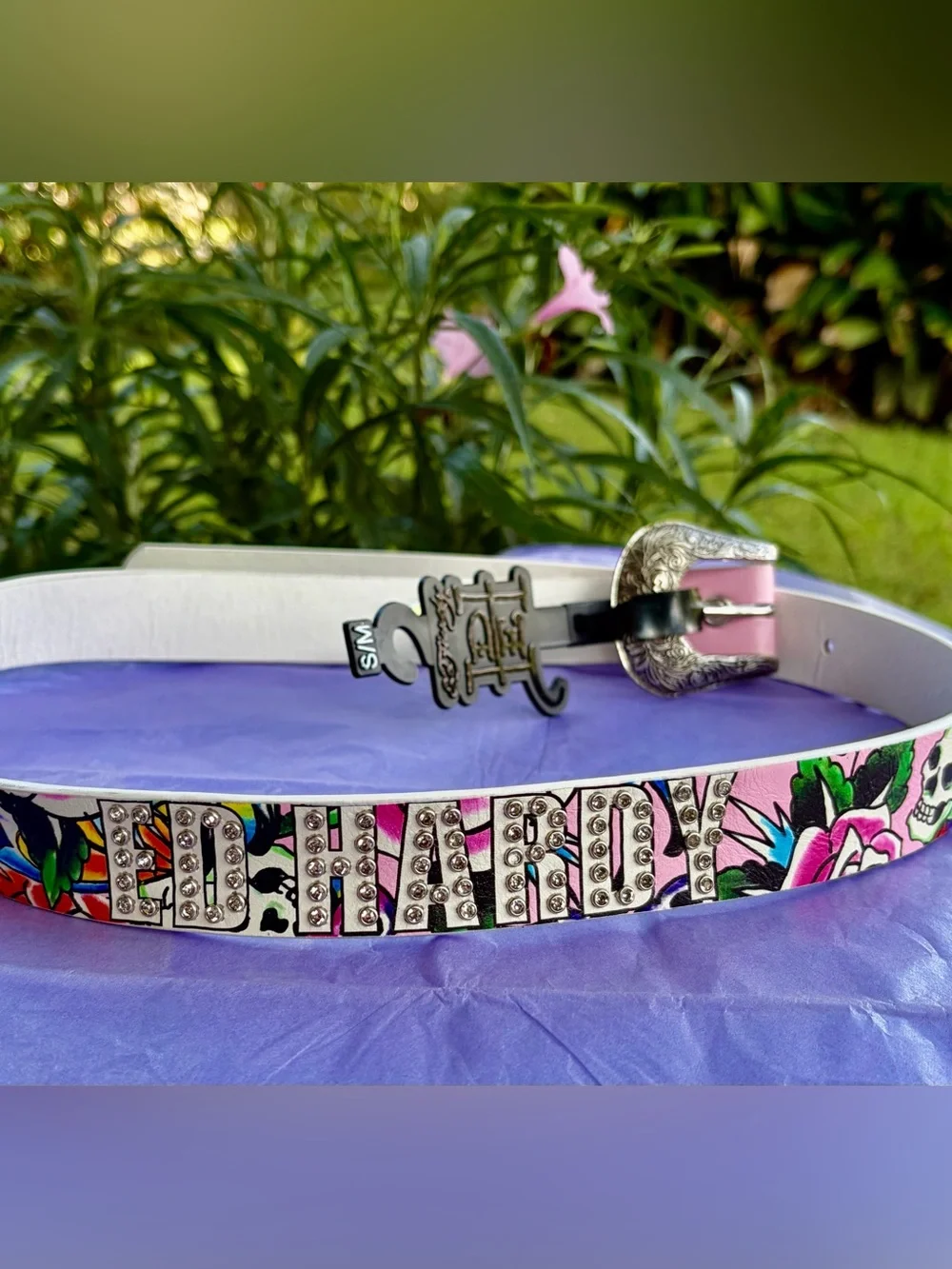 NWT ED HARDY Women's Small/Medium Pink Floral Logo Belt with Rhinestones